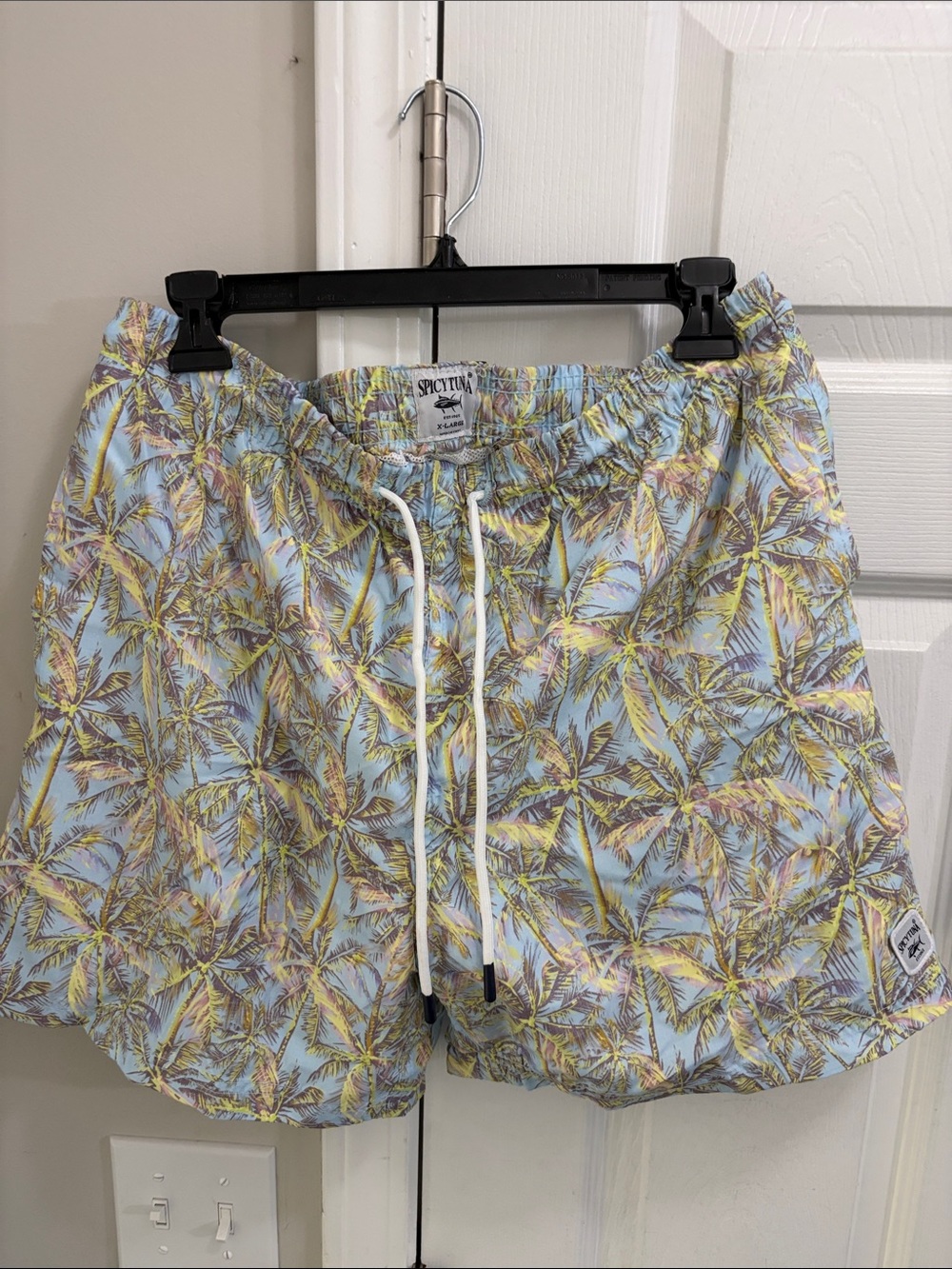 Light Blue Palm-Print Athletic Shorts with Drawstring